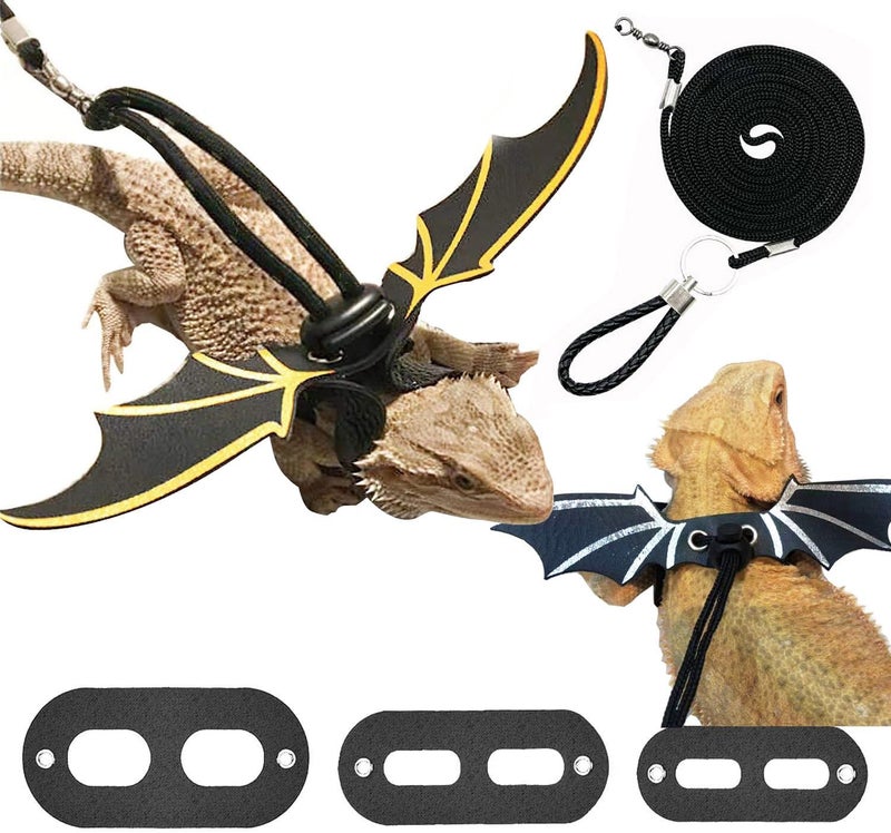 Weimostar Bearded Dragon Leash and Harness Set, 3 Size Adjustable Lizard Harnesses with Gold Black Wing, Soft Reptile Leash for Small Animal Outdoor Walking - Image 1